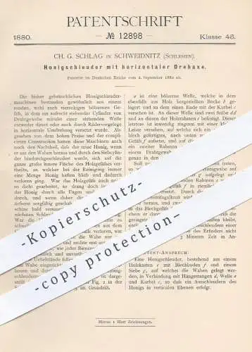 original Patent - Ch. G. Schlag , Schweidnitz Schlesien  1880 , Honigschleuder mit Drehachse | Honig , Schleuder , Imker