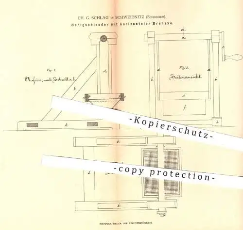 original Patent - Ch. G. Schlag , Schweidnitz Schlesien  1880 , Honigschleuder mit Drehachse | Honig , Schleuder , Imker