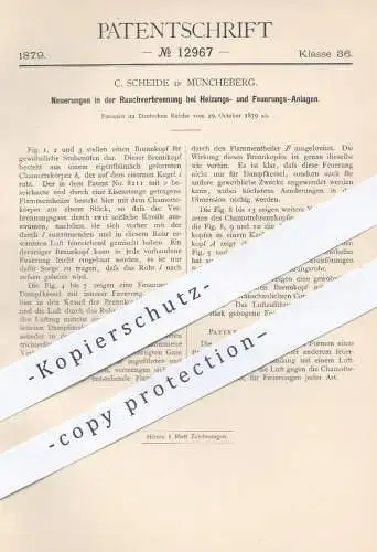 original Patent - C. Scheide , Müncheberg , 1879 , Rauchverbrennung bei Heizungen u. Feuerungen | Heizung , Ofen , Öfen