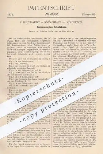 original Patent - C. Blumhardt , Simonshaus / Vohwinkel 1878 , Zusammenlegbare Schiebekarre | Karre  Karren , Schubkarre