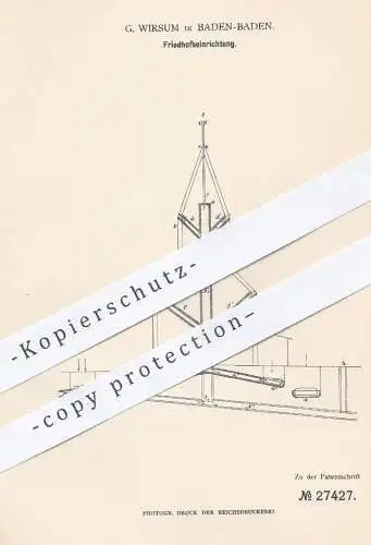 original Patent - G. Wirsum , Baden Baden  1883 , Friedhofseinrichtung | Friedhof , Bestatter , Grab , Sarg , Bestattung