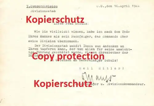 Brief von Generalmajor Karl Mauss an Witwe , 1944 , 7. Panzerdivision , Panzer , Autograph !!!