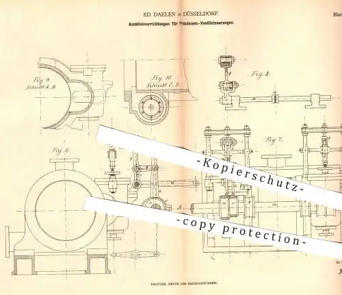 original Patent - Ed. Daelen in Düsseldorf , 1879 , Ausklinken der Präzisions- Ventilsteuerungen an Dampfmaschinen !!!