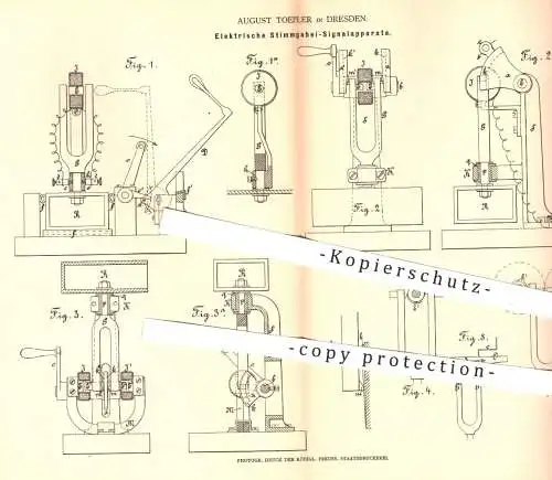 original Patent - Aug. Toepler , Dresden 1878 , Elektrische Stimmgabel - Signalapparate | Stimmgabeln , Musikinstrument