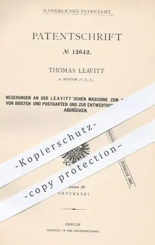 original Patent - Thomas Leavitt , Boston , USA , 1880 , Stempeln der Briefe u. Postkarten und Entwertung von Stempel