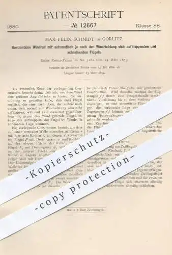 original Patent - Max Felix Schmidt in Görlitz , 1880 , Horizontales Windrad mit Flügel | Windräder , Windkraft , Wind !