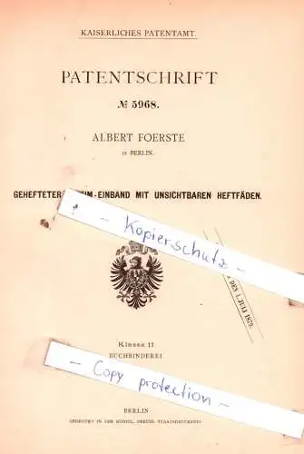 original Patent - Albert Foerste in Berlin , 1878 , Gehefeter Album-Einband mit Heftfäden !!!