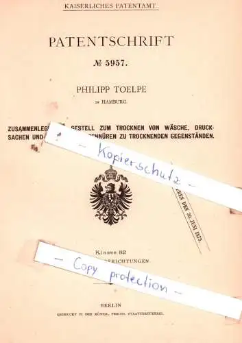 original Patent -  Philipp Toelpe in Hamburg , 1878 , Zusammenlegbares Gestell zum Trocknen von Wäsche !!!