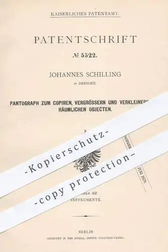 original Patent - Johannes Schilling , Dresden , 1878 , Pantograph zum Kopieren , Vergrößern u. Verkleinern von Objekten