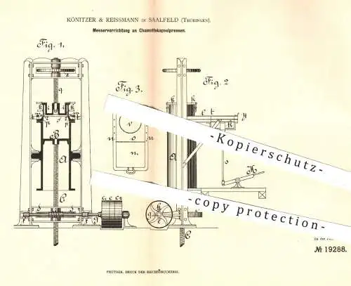 original Patent - Könitzer & Reissmann , Saalfeld , 1881 , Messervorrichtung an Schamottkapselpressen | Schamott , Stein