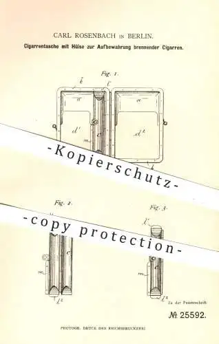 original Patent - Carl Rosenbach in Berlin , 1883 , Zigarrentasche mit Hülse zur Aufbewahrung brennender Zigarren !!!