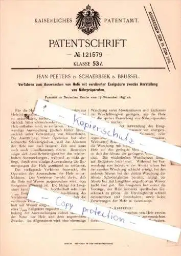 Original Patent  - Jean Peeters in Schaerbeek b. Brüssel , 1897 , Auswaschen von Hefe !!!