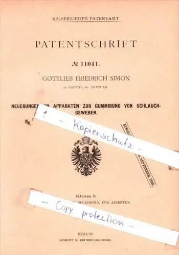 Original Patent  - G. Friedrich Simon in Löbtau bei Dresden , 1880 , Apparaten zur Gummirung  !!!