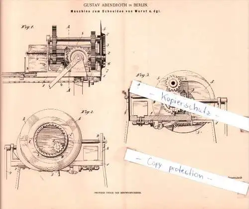 Original Patent  - Gustav Abendroth in Berlin , 1901 , Maschine zum Schneiden von Wurst !!!