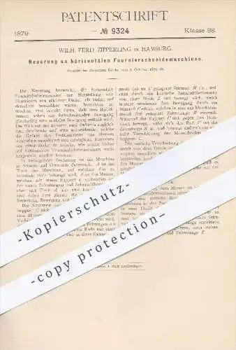 original Patent - Wilh. Ferd. Zipperling , Hamburg , 1879 , Schneidemaschine für Fournier , Furnier | Holz , Säge !!!