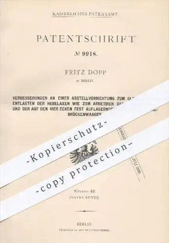 original Patent - Fritz Dopp in Berlin , 1879 , Waagebalken an Dezimalwaagen | Waage , Waagen , Wiegen , Hebel !!!