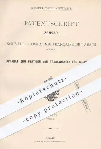 original Patent - Nouvelle Compagnie Française de Tabacs , Paris , 1879 , Tabakwickel für Zigaretten | Tabak , Zigarren