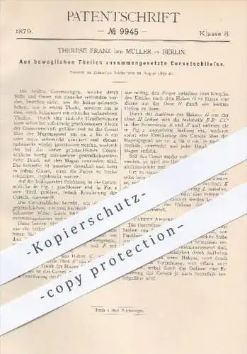 original Patent - Therese Franz / Müller , Berlin  1879 , Korsett - Schließe aus beweglichen Teilen | Korset , Schneider