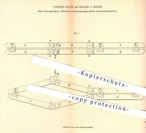 original Patent - Therese Franz / Müller , Berlin  1879 , Korsett - Schließe aus beweglichen Teilen | Korset , Schneider