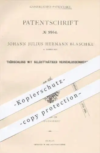 original Patent - Johann J. H. Blaschke , Hamburg , 1879 , Türschloss mit selbsttätigem Verschluss | Tür , Schloss !!!