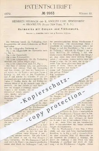 original Patent - H. Heubach u. E. A. C. Bernhardt , Brooklyn New York USA , 1879 , Harmonika mit Zungen- u. Flötenwerk