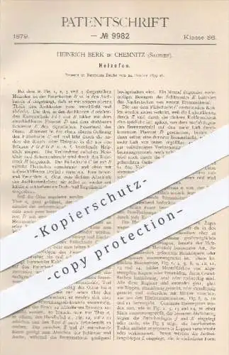 original Patent - Heinrich Berk , Chemnitz , 1879 , Heizofen | Heizung , Ofen , Öfen , Ofenbauer , Feuerung , Aschkasten