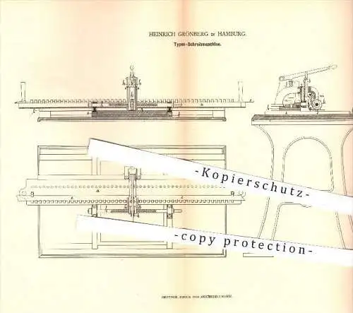 original Patent - Heinrich Grönberg , Hamburg , 1879 , Typen Schreibmaschine | Schreibmaschinen , Druck , Druckerei !!!