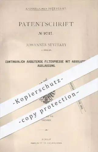 original Patent - J. Seyffart , Berlin , 1879 , Filterpresse mit absoluter Auslaugung | Pressen , Klusemann Presse !!!