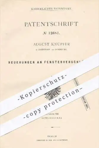 original Patent - A. Knüpfer , Dorndorf / Dornburg  1880 , Fensterverschlüsse | Fenster Verschluss , Schloss , Schlosser