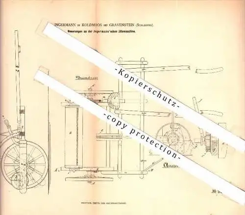 Original Patent - A. Ingermann in Koldmoos b. Gravenstein / Grasten , 1879 , Jätemaschine , Agrar , Dänemark !!!