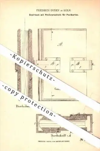 Original Patent - Friedrich Duden in Köln , 1879 , Pressverschluß für Postkarten , Ansichtskarte , AK , Postkarte !!!