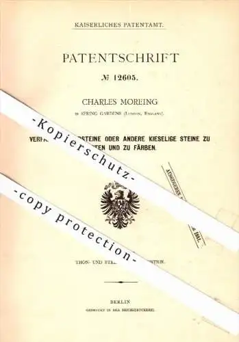 Original Patent - Charles Moreing in Spring Gardens , London , 1880 , Hardening of stones , England !!!