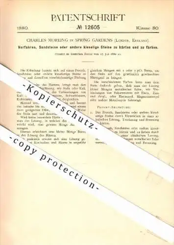 Original Patent - Charles Moreing in Spring Gardens , London , 1880 , Hardening of stones , England !!!