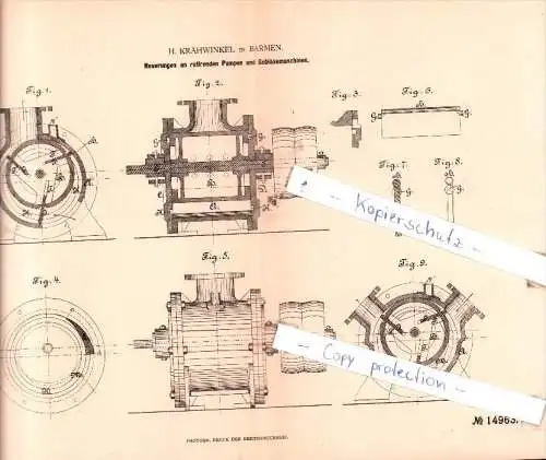 Original Patent  - H. Krähwinkel in Barmen , 1881 , Pumpen !!!