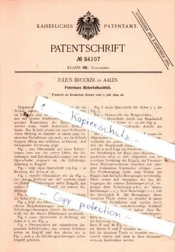 Original Patent  - Julius Brucker in Aalen , 1894 , Federloses Sicherheitsschloß !!!