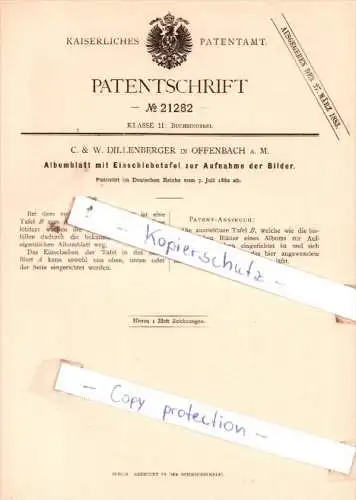 Original Patent  - C. & W. Dillenberger in Offenbach a. M. , 1882 , Buchbinderei !!!