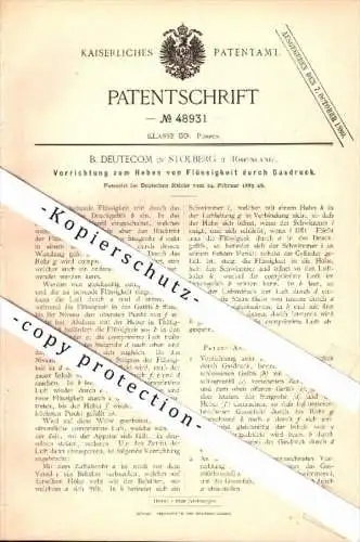 Original Patent - B. Deutecom in Stolberg 2 , Rheinland , 1889 , Gasdruck - Apparat , Pumpe !!!