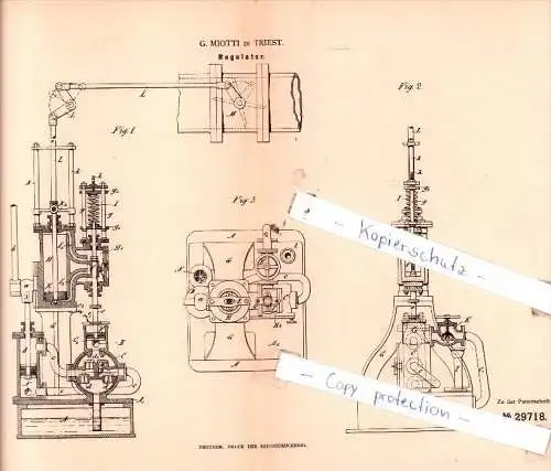 Original Patent  - G. Miotti in Triest , 1884 , Regulatoren für Kraftmaschinen !!!