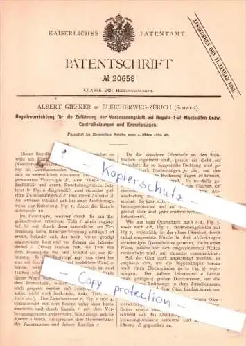 Original Patent  - Albert Giesker in Bleicherweg-Zürich , Schweiz , 1883 , Heizungsanlagen !!!