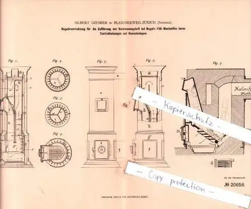 Original Patent  - Albert Giesker in Bleicherweg-Zürich , Schweiz , 1883 , Heizungsanlagen !!!