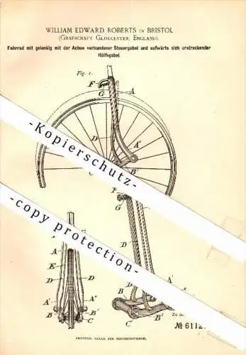 Original Patent - William Edward Roberts in Bristol , Gloucester , 1891 , Bicycle articulated fork , Fahrrad !!!