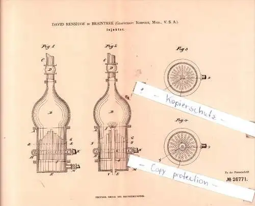 Original Patent  -  David Renshaw in Braintree , Grafschaft Norfolk , 1883 , Injektor !!!