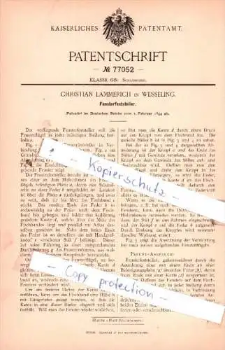 Original Patent  - Christian Lammerich in Wesseling , 1894 , Fensterfeststeller !!!