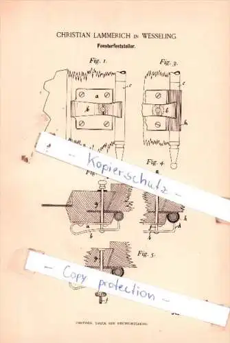 Original Patent  - Christian Lammerich in Wesseling , 1894 , Fensterfeststeller !!!