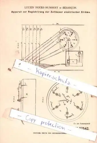 Original Patent  - Lucien Hours-Humbert in Besancon , 1883 , Elektrische Apparate !!!