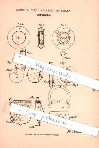 Original Patent  -  Heinrich Noeh in Haardt bei Siegen , 1881 , Controllschloß !!!