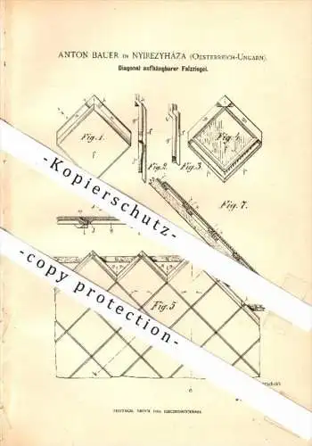 Original Patent - Anton Bauer in Nyiregyháza /  Birkenkirchen , Ungarn , 1890 , Falzziegel , Dachziegel , Dachdecker !!!