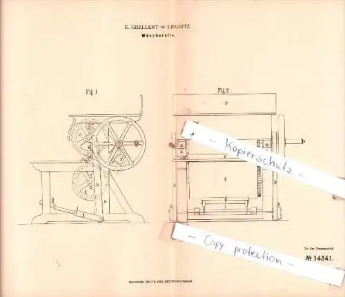 Original Patent  - E. Grellert in Liegnitz , 1880 ,  Wäscherolle !!!