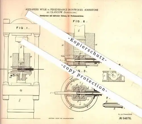 Original Patent - Alexander Wylie in Perseverance Ironworks , Johnstone b. Glasgow , 1889 , Cable press with cooling !!!