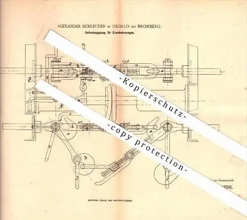 Original Patent - Alexander Schleuder in Okollo b. Bromberg , 1890 , Kupplung für Eisenbahn  !!!